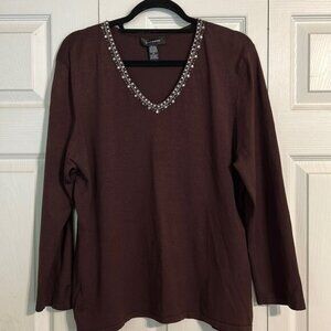 POINTELLE Size X-Large Silk Blend Brown Beaded V-Neck Lightweight Sweater